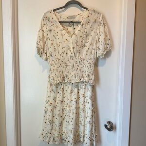 Paper Crane Cream Floral Smocked Waist Short Sleeve two piece shirt and skirt